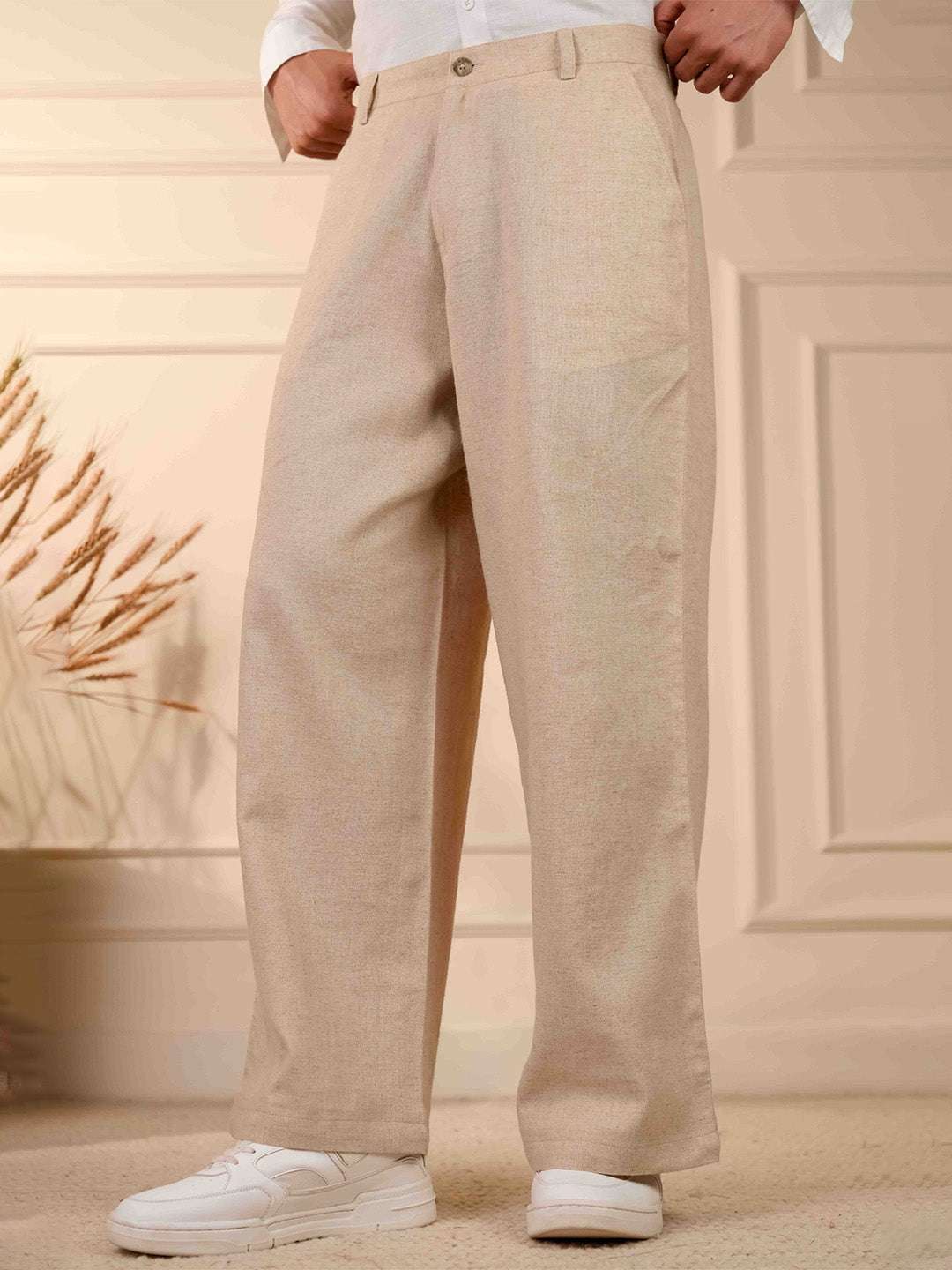 Natural Grain Beige Solid Linen Cotton Relaxed Fit Pants