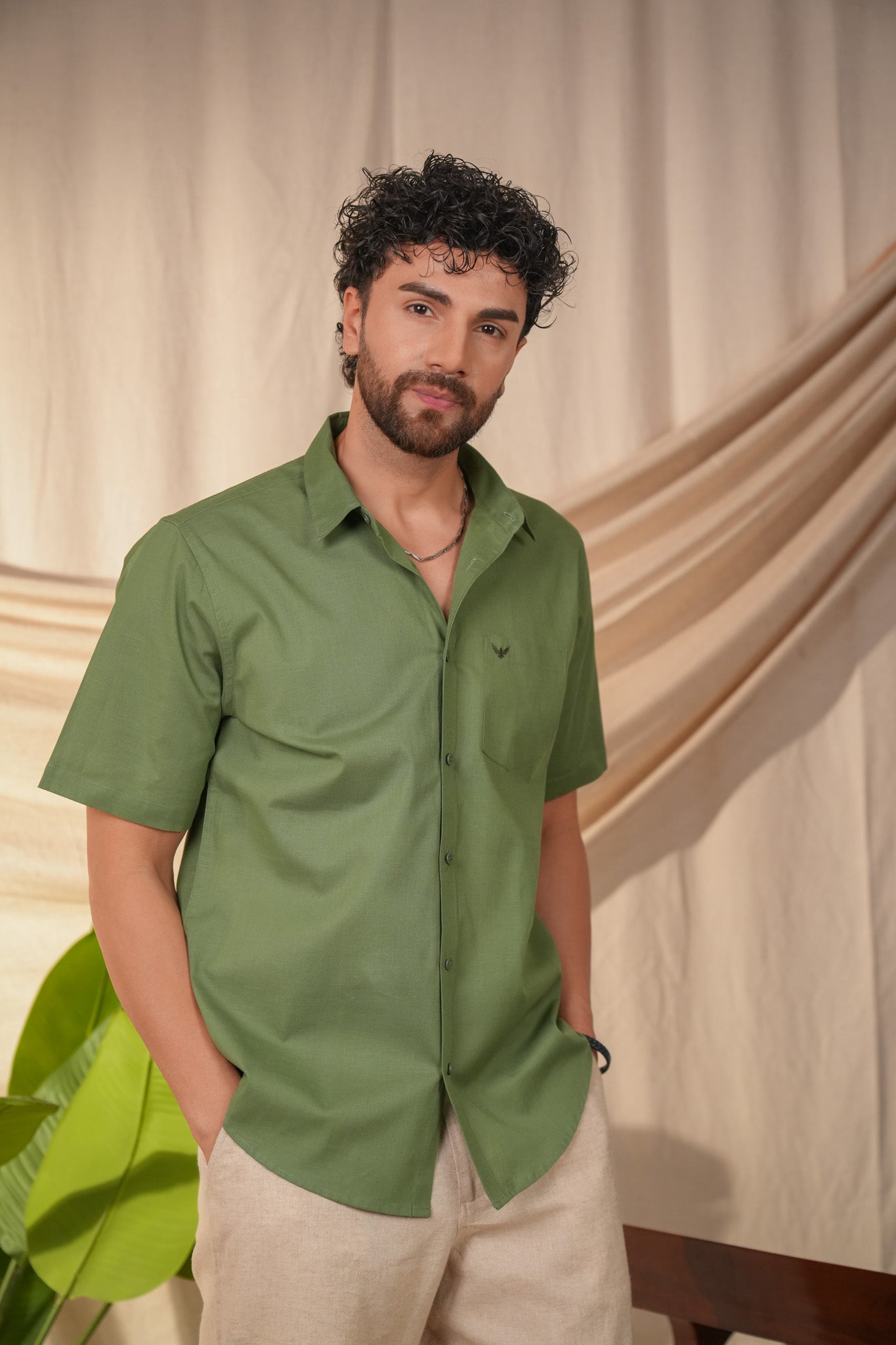 Moss Green Solid Pre-Washed Linen Cotton Slim Fit Shirt