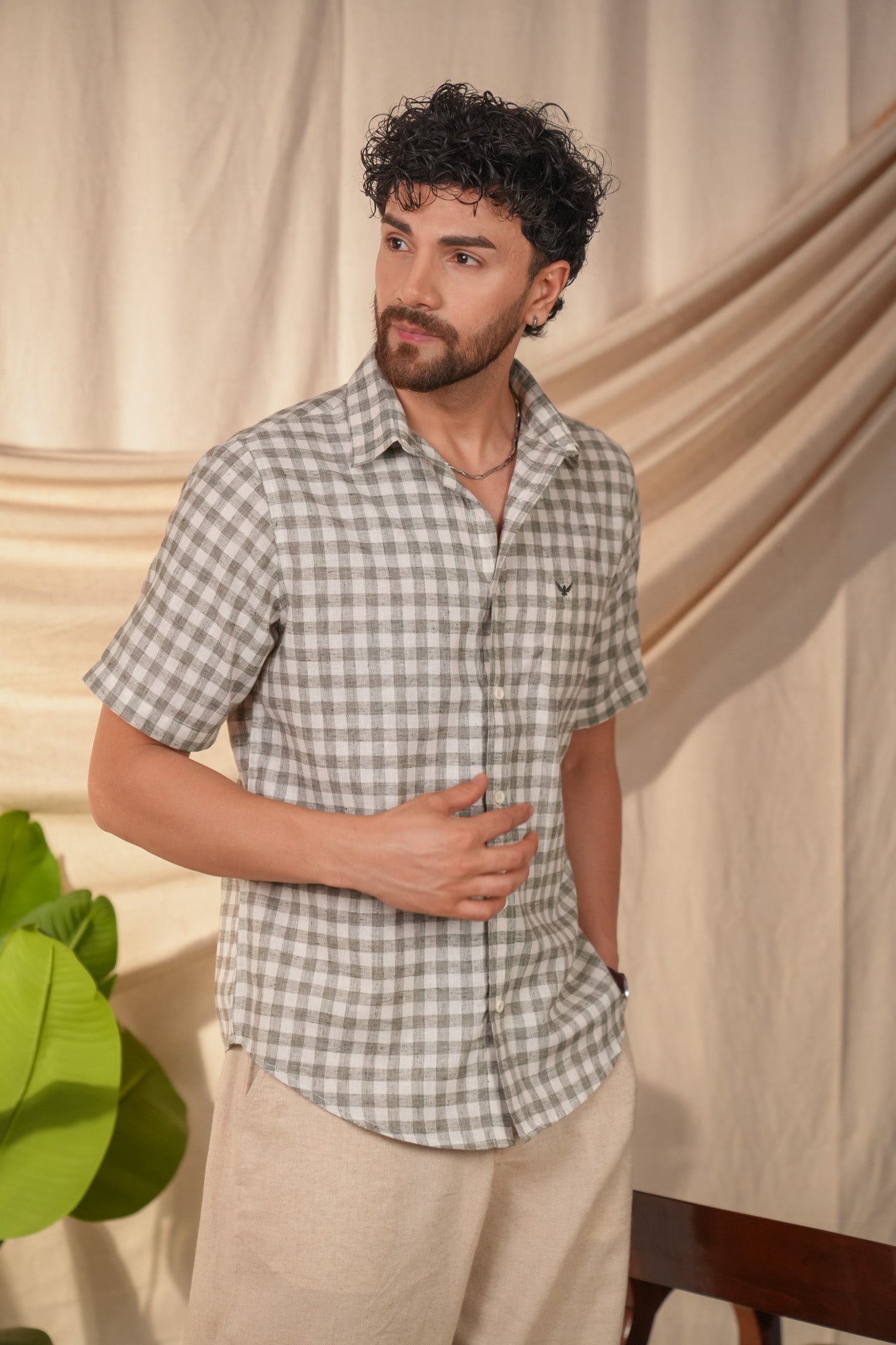 Meadow Green Checked Linen Cotton Slim Fit Shirt