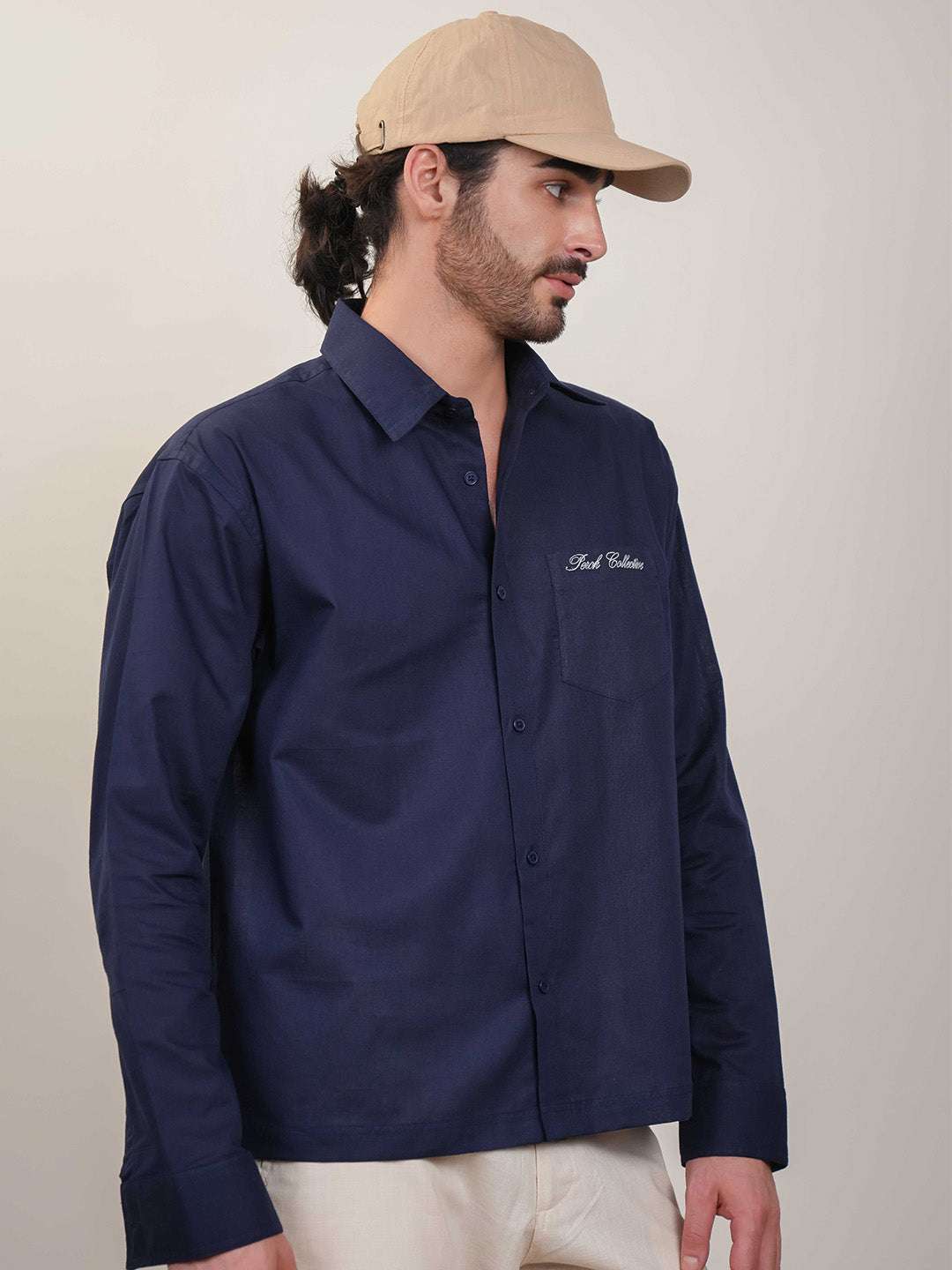 Navy Blue Solid Linen Cotton Boxy Fit Shirt