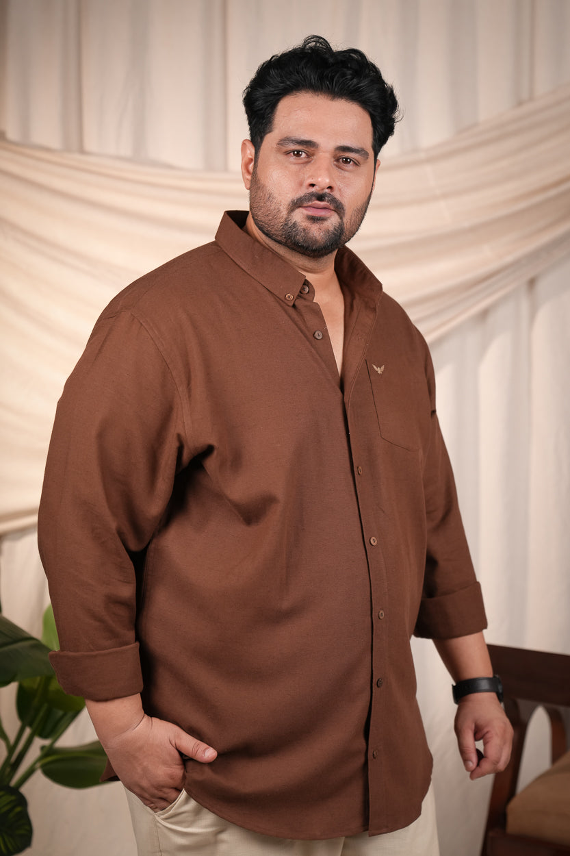 Dark Brown Solid Slim Regular Fit Plus Size Linen Cotton Shirt