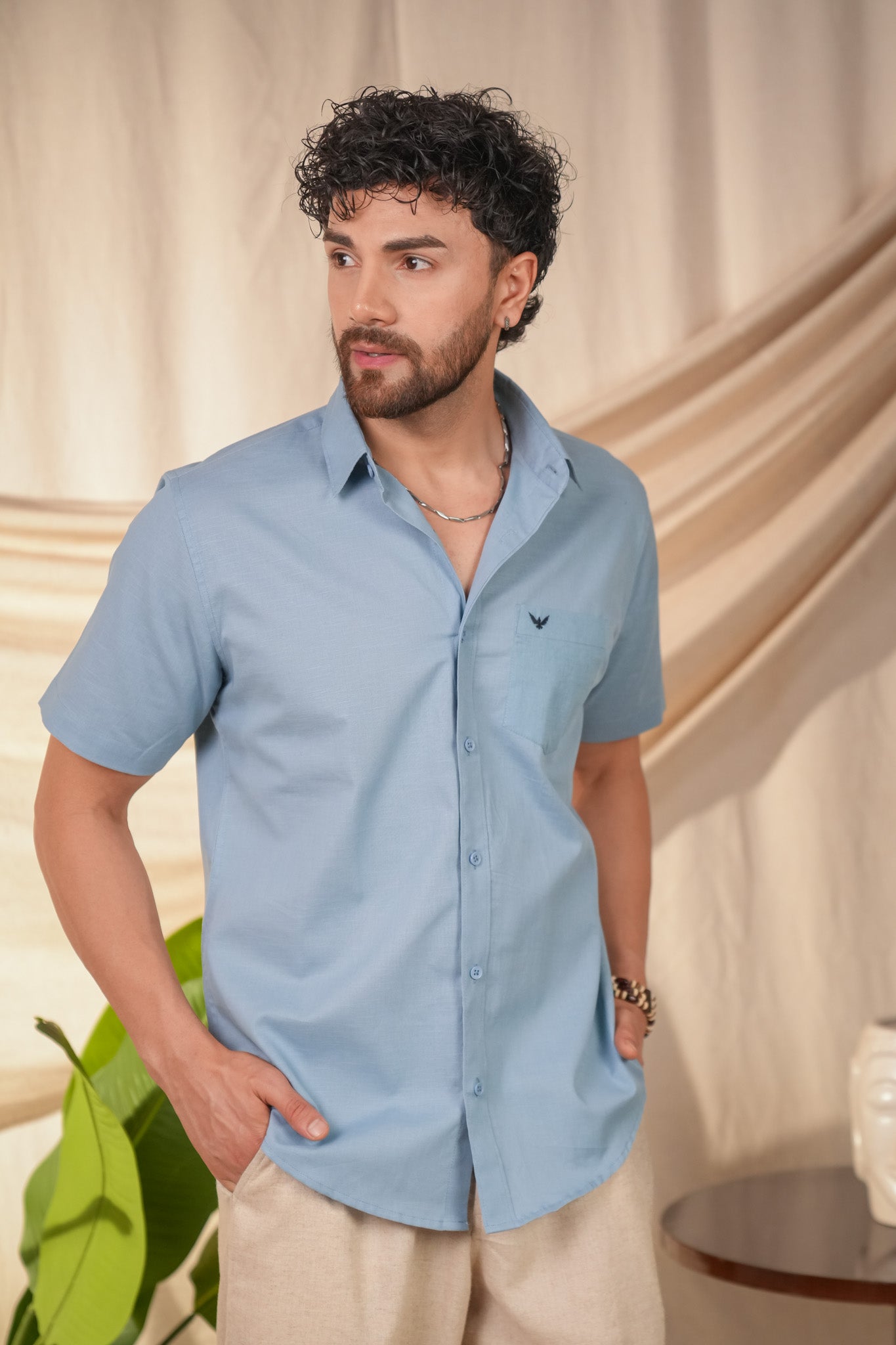 Aqua Blue Solid Pre-Washed Linen Cotton Slim Fit Shirt