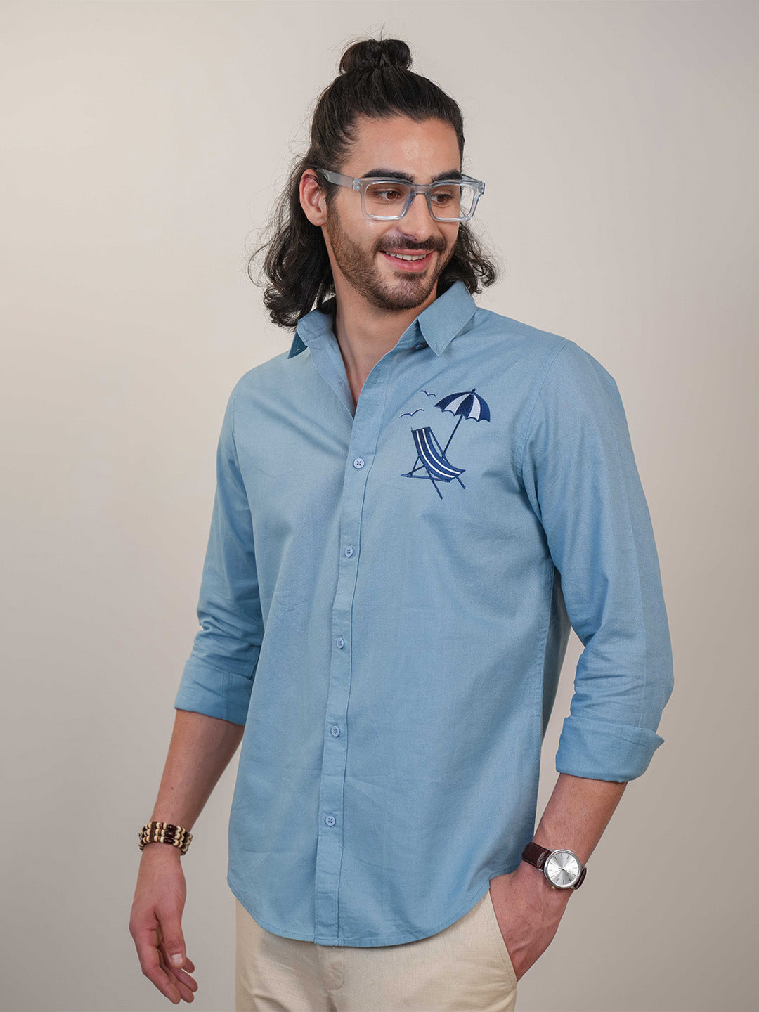 Aqua Blue Beach Chair Embroidery Linen Cotton Shirt