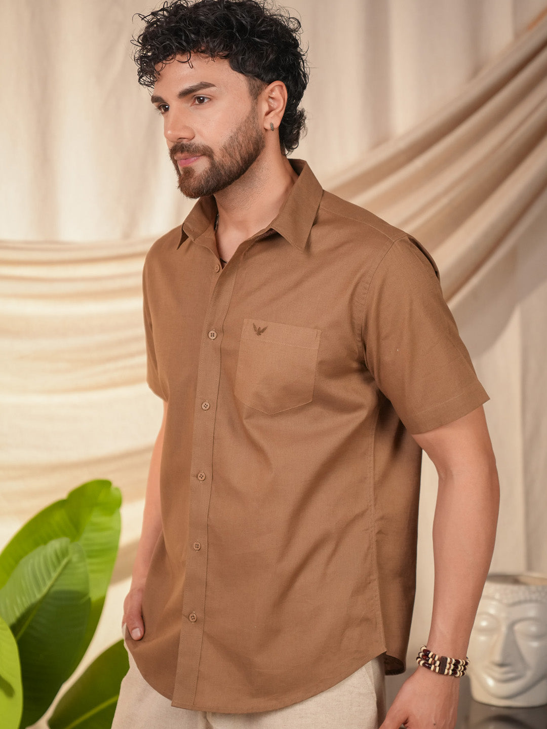 Brown Solid Pre-Washed Linen Cotton Slim Fit Shirt