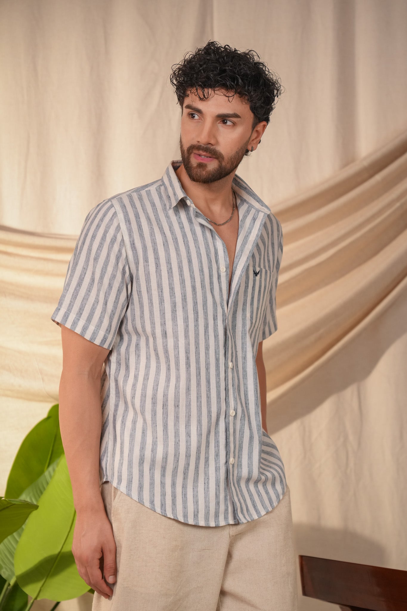 Ocean Blue Striped Pre-Washed Linen Cotton Slim Fit Shirt
