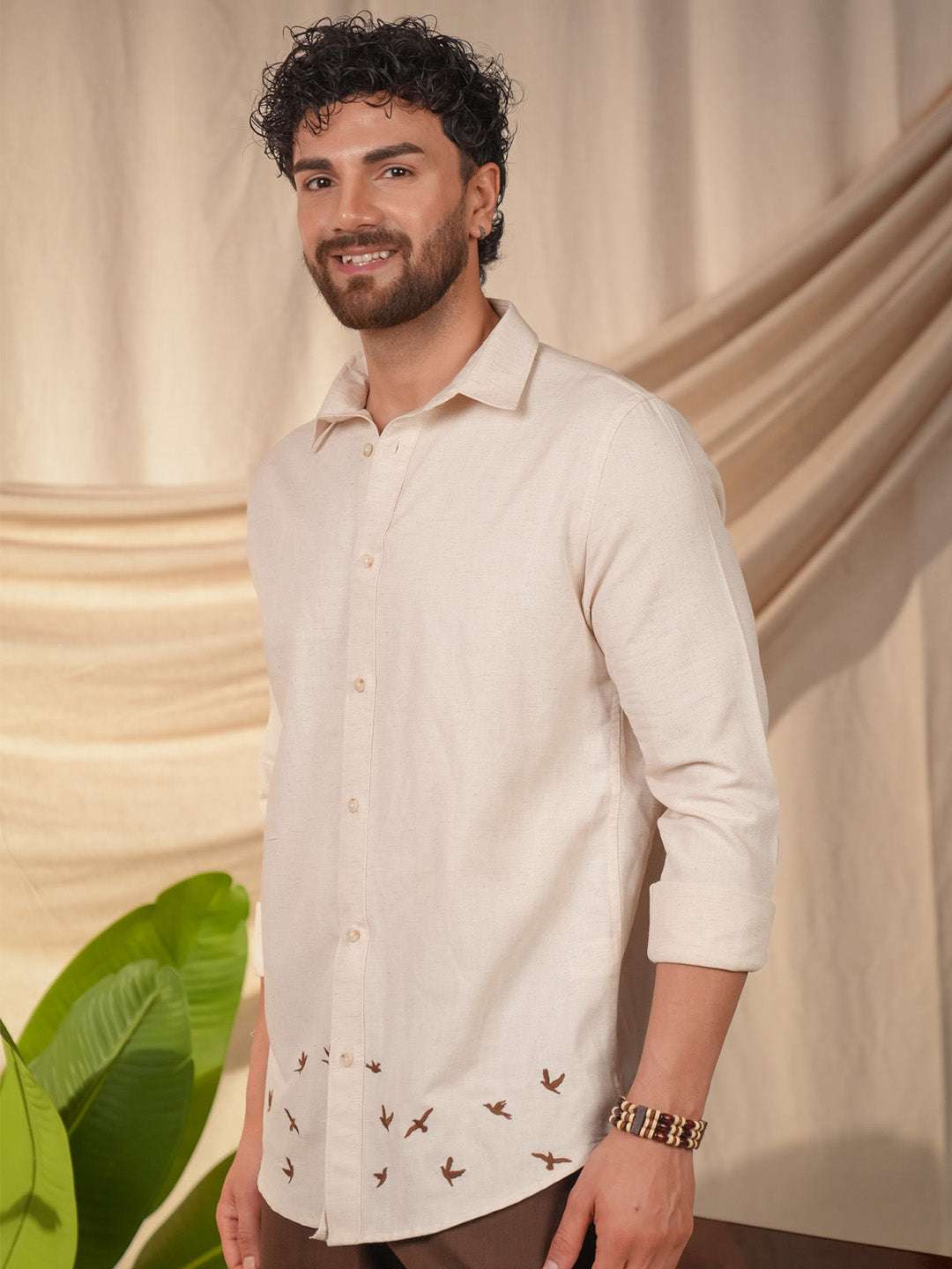 Beige Natural Grains Birds Flock Embroidery Linen Cotton Shirt