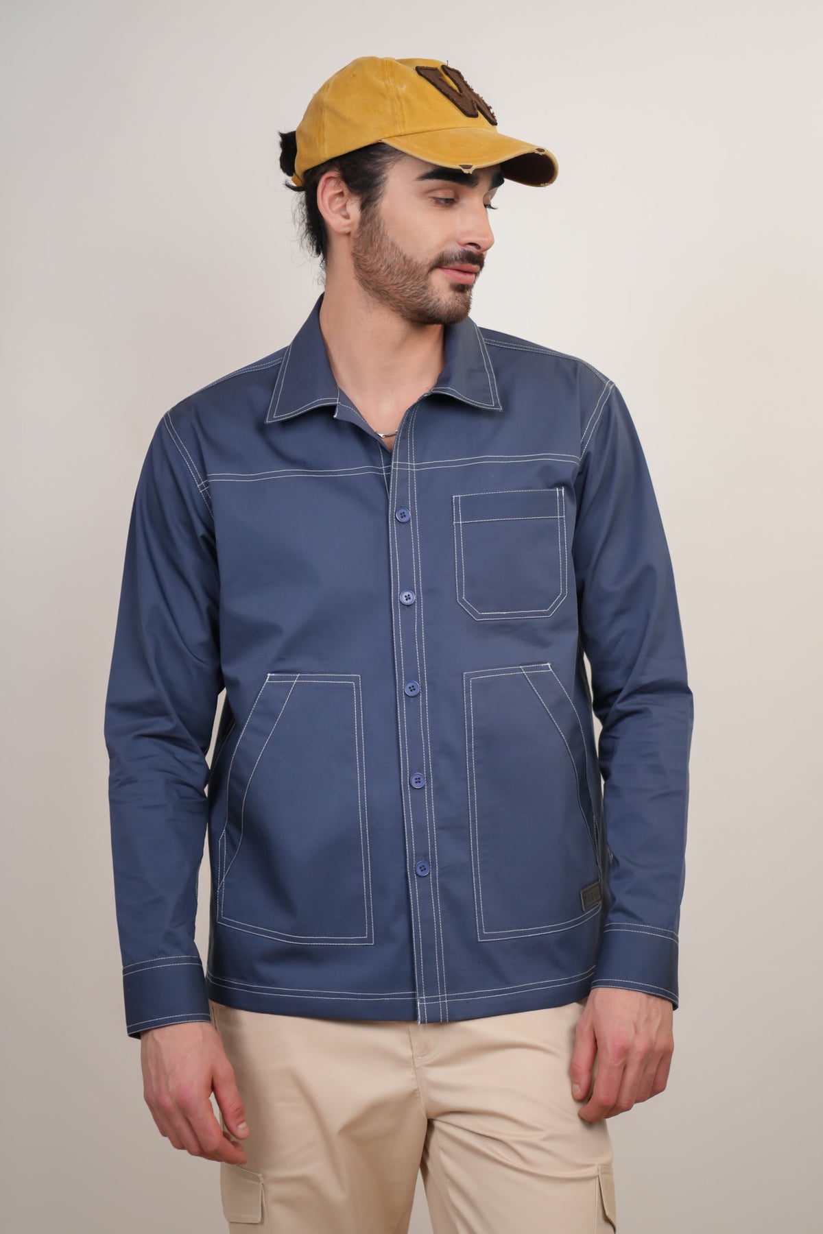 Slate Blue Solid Heavy Cotton Twill Boxy Fit Shirt For Men