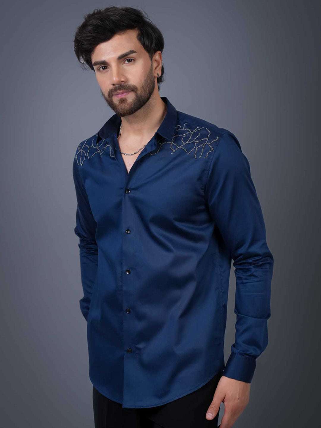 Navy Sequin Cotton Satin Slim Fit Shirt