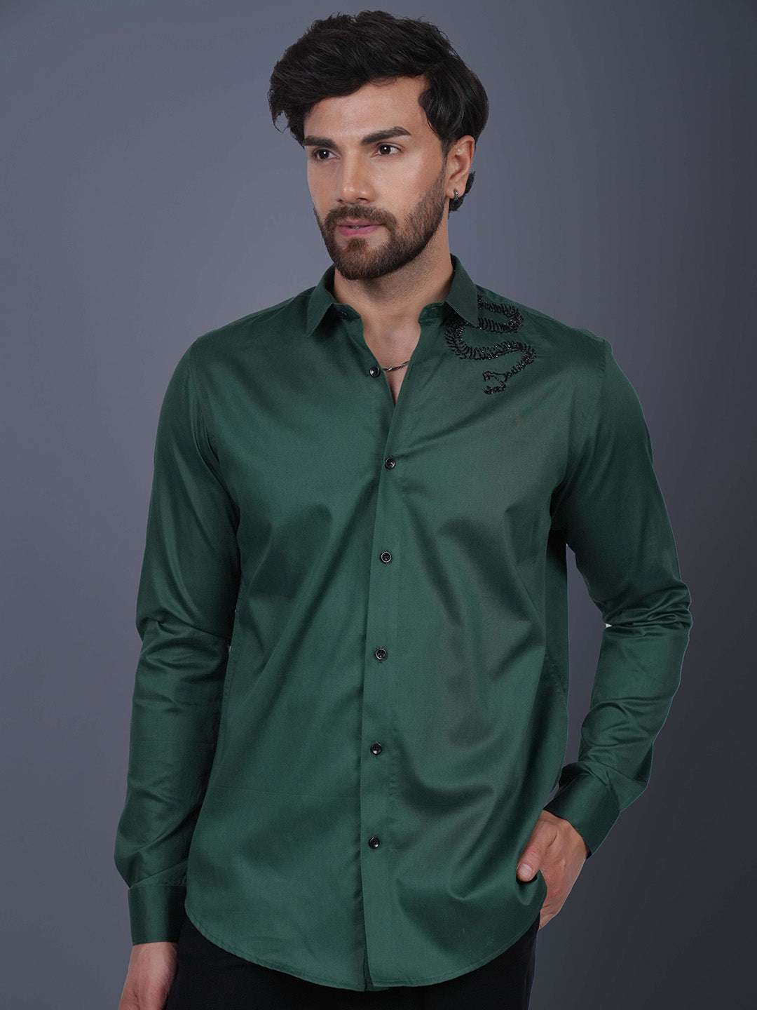 English Green Sequin Cotton Satin Slim Fit Shirt