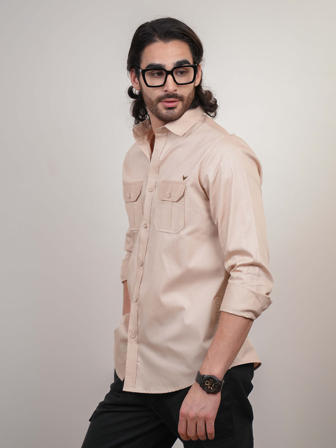 Earthy Beige Solid Cotton Twill Slim Fit Shirt