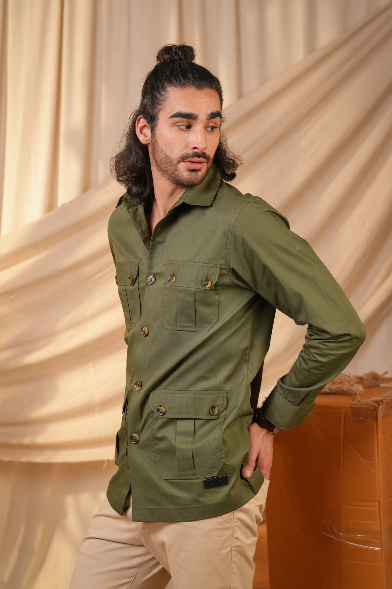 Green Solid Heavy Cotton Twill Regular Fit Shirt For Men