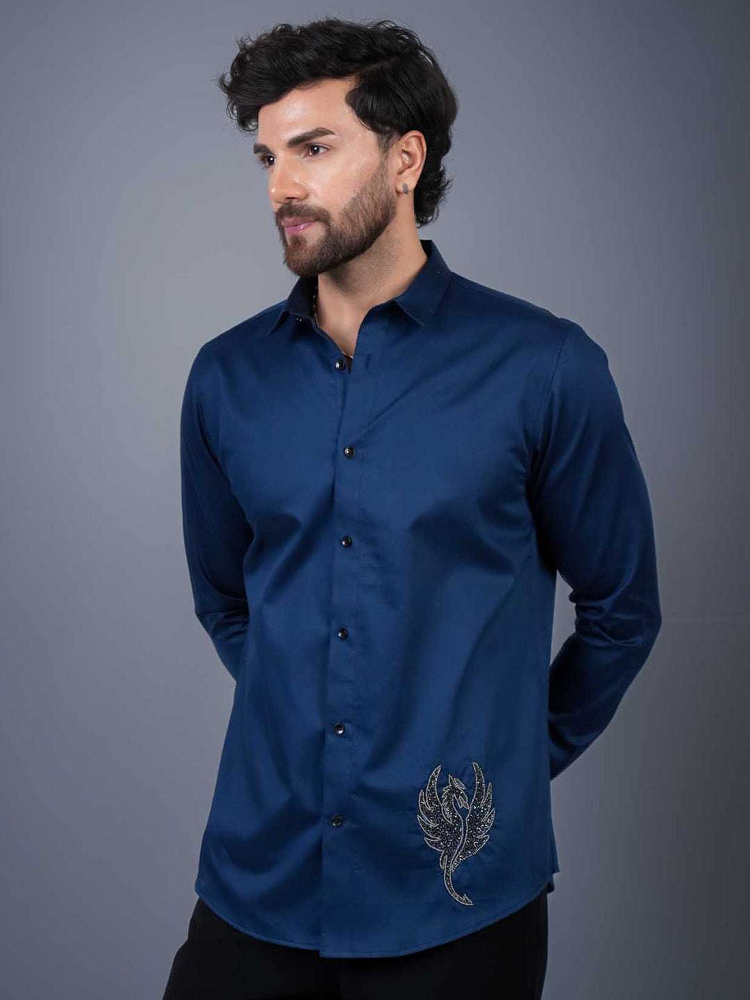 Navy Sequin Cotton Satin Slim Fit Shirt