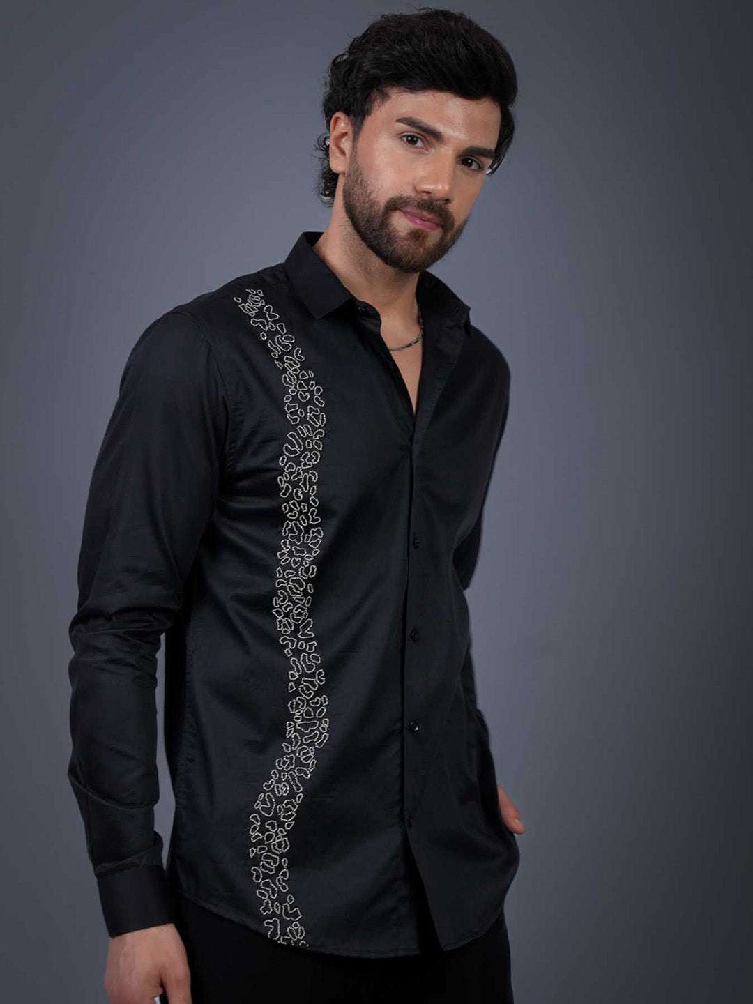 Black Sequin Cotton Satin Slim Fit Shirt