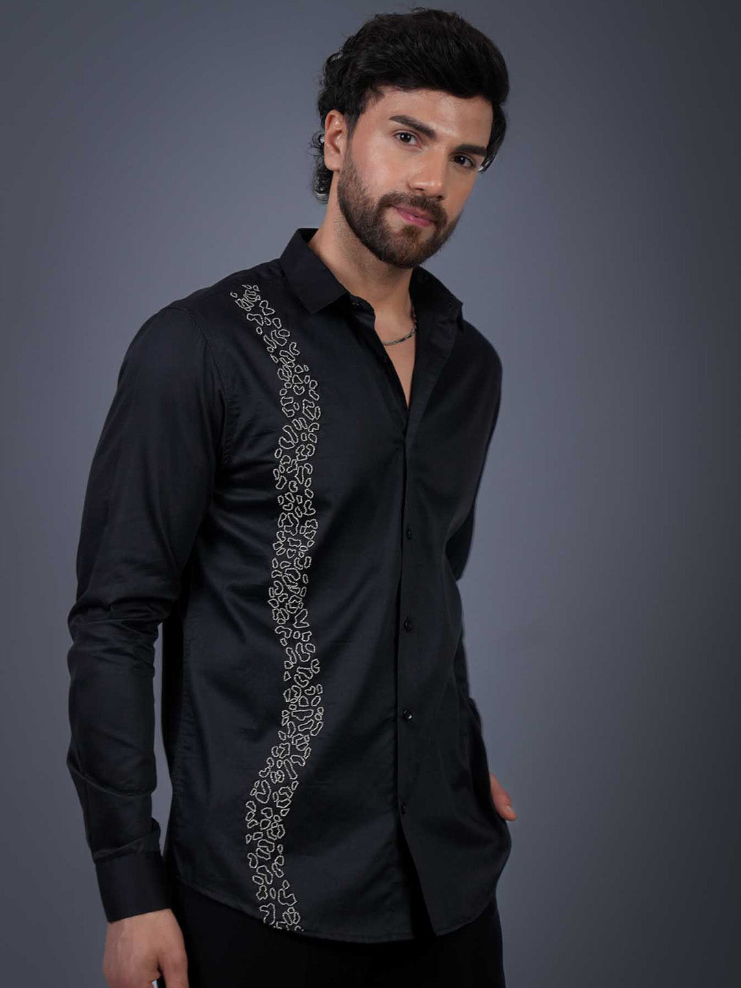 Black Sequin Cotton Satin Slim Fit Shirt