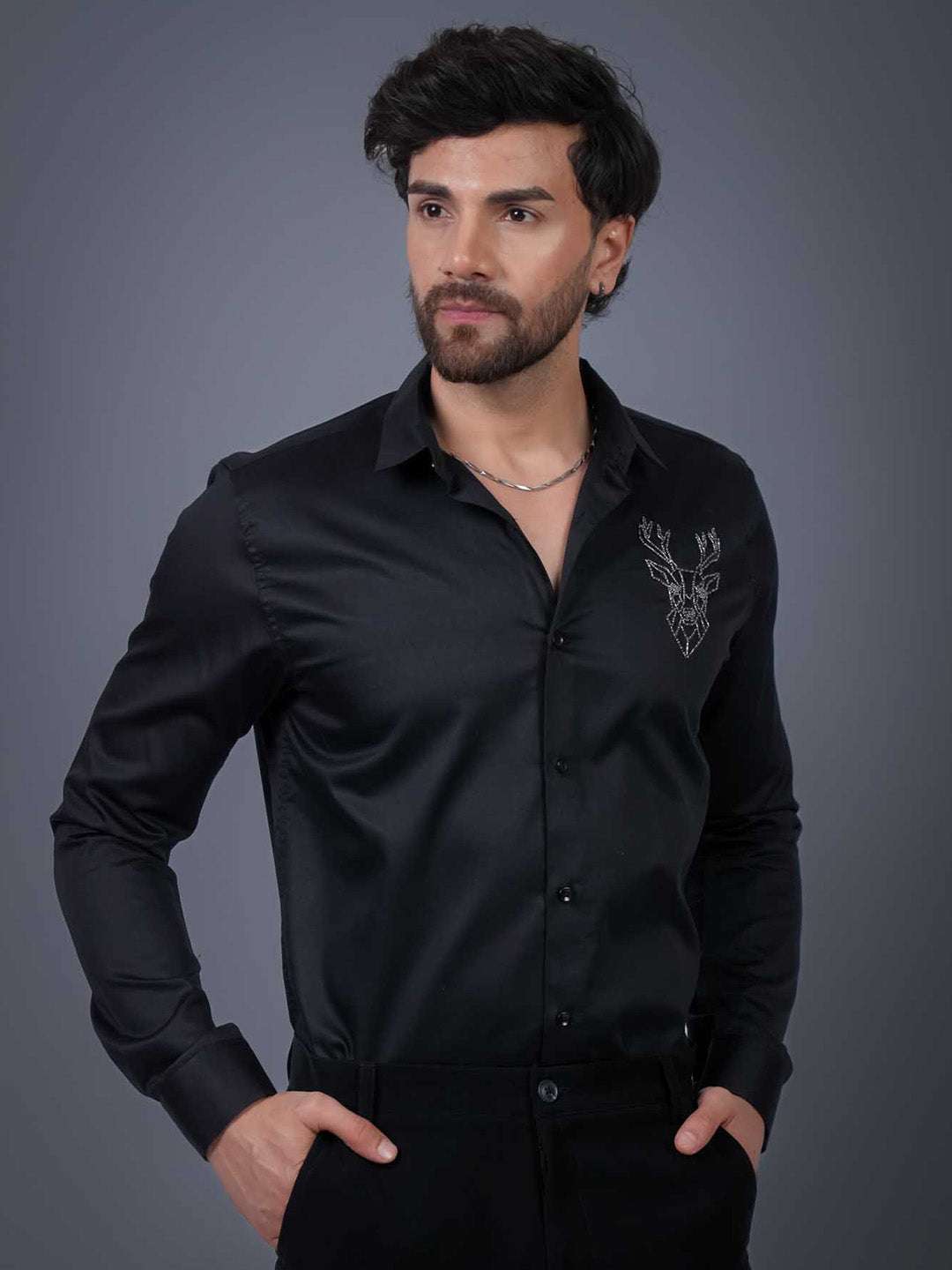 Black Sequin Cotton Satin Slim Fit Shirt