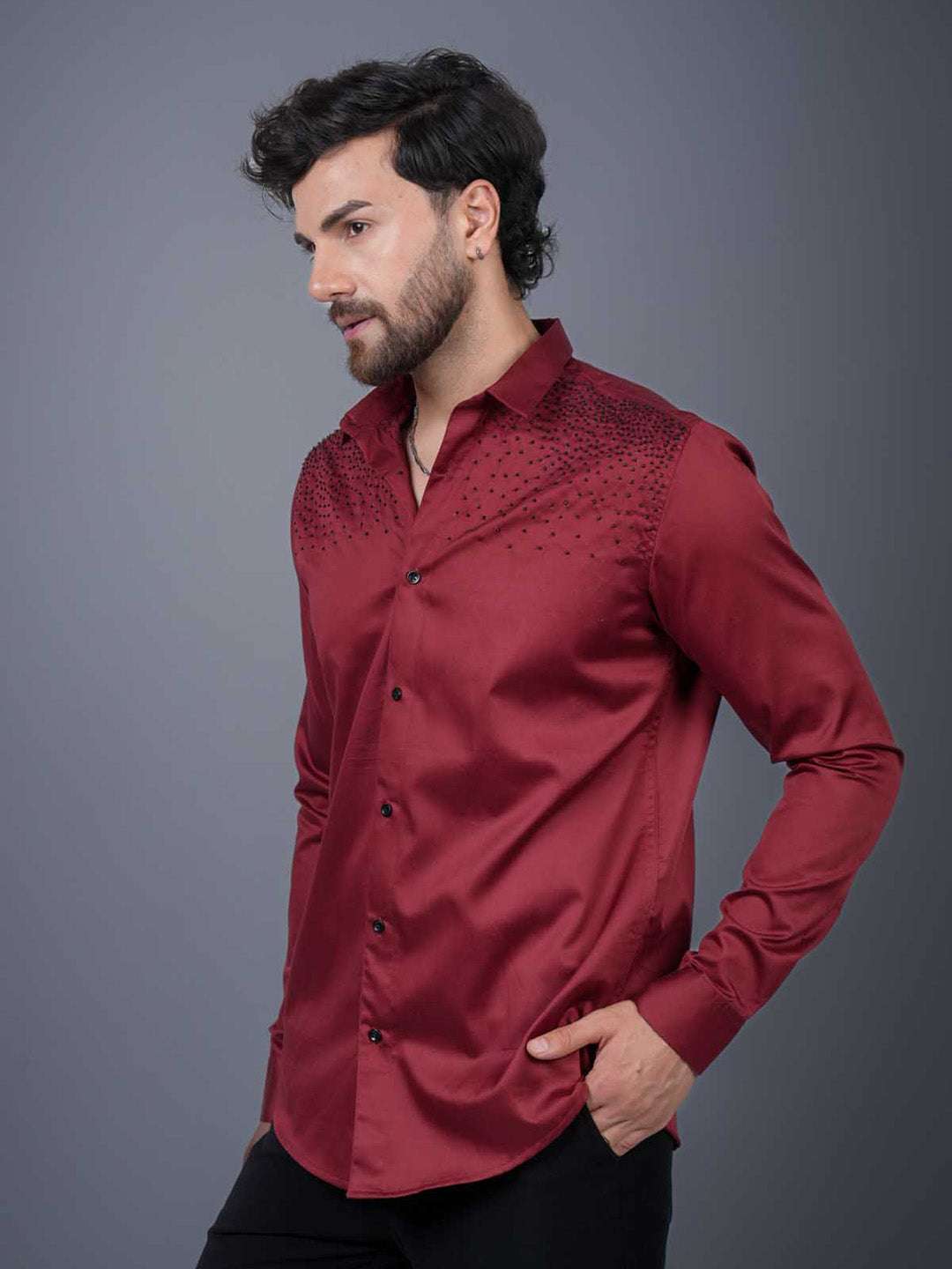 Intense Red Sequin Cotton Satin Slim Fit Shirt