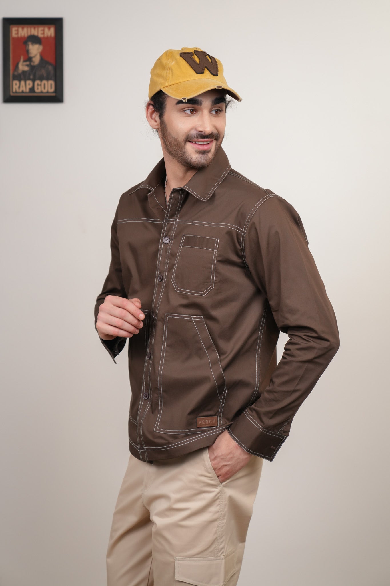 Brown Solid Heavy Cotton Twill Boxy Fit Shirt For Men