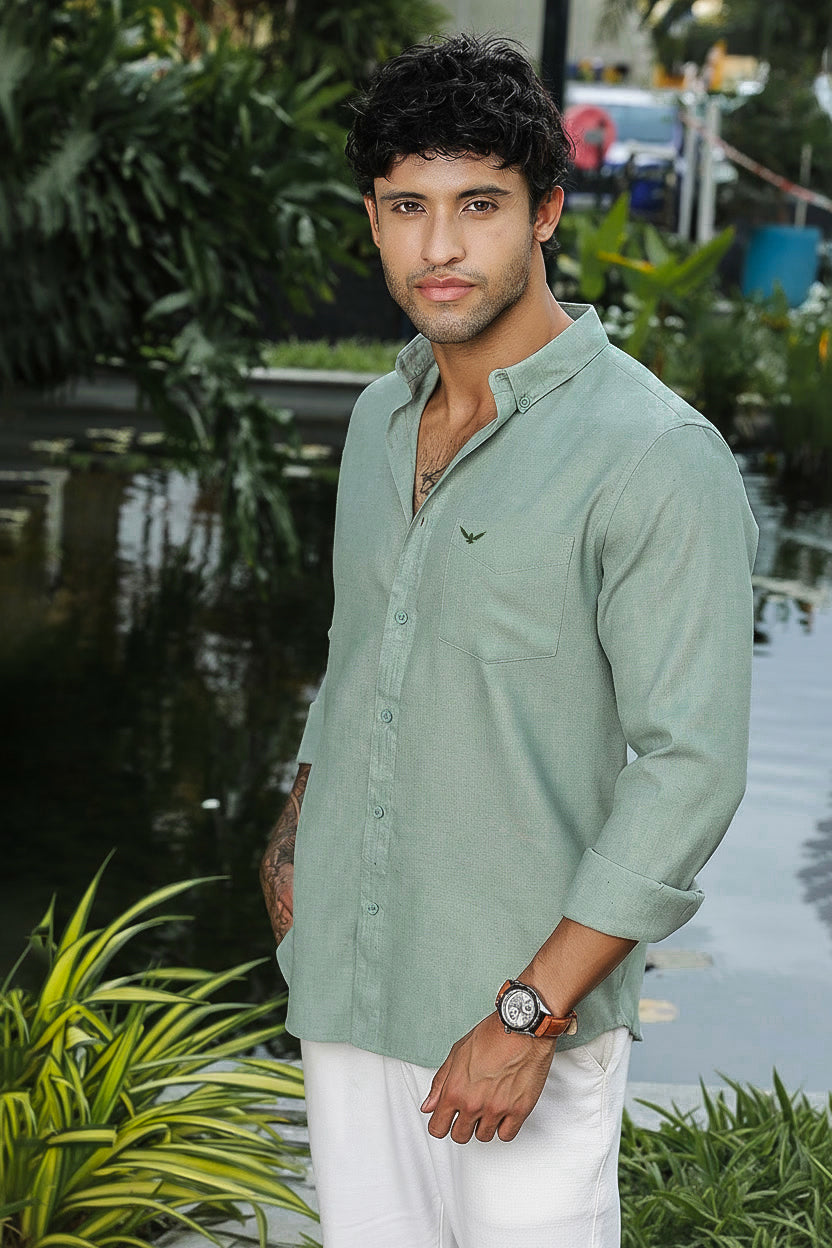 Pastel Green Solid Slim Fit Pre-Washed Linen Shirt