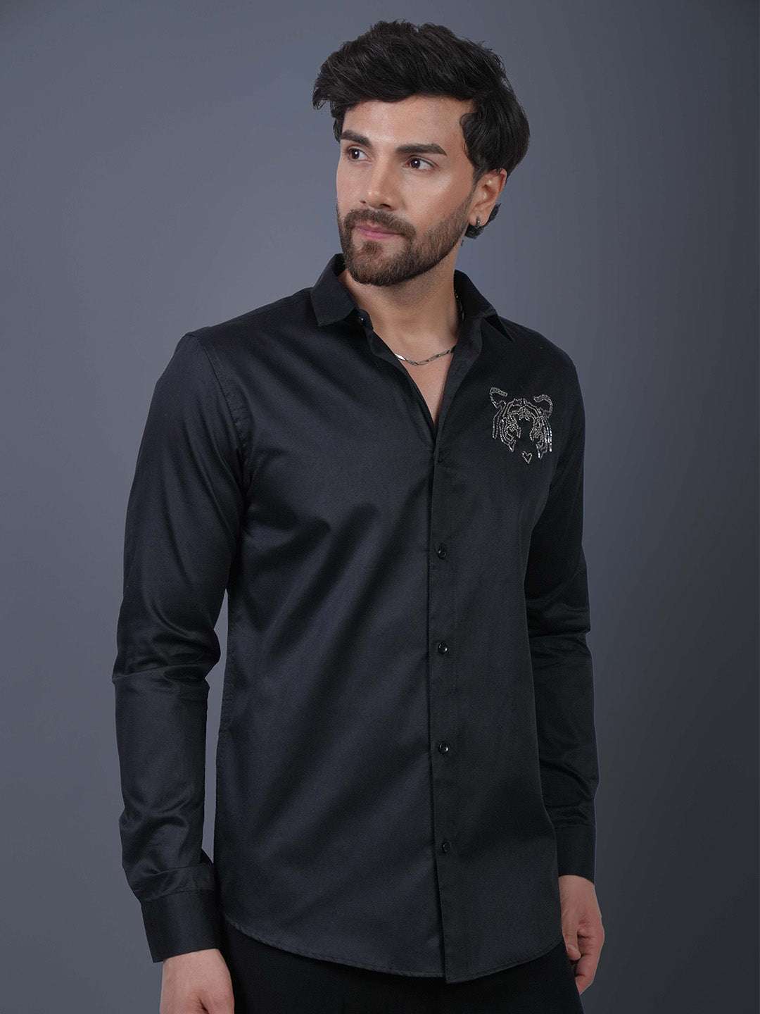 Black Sequin Cotton Satin Slim Fit Shirt