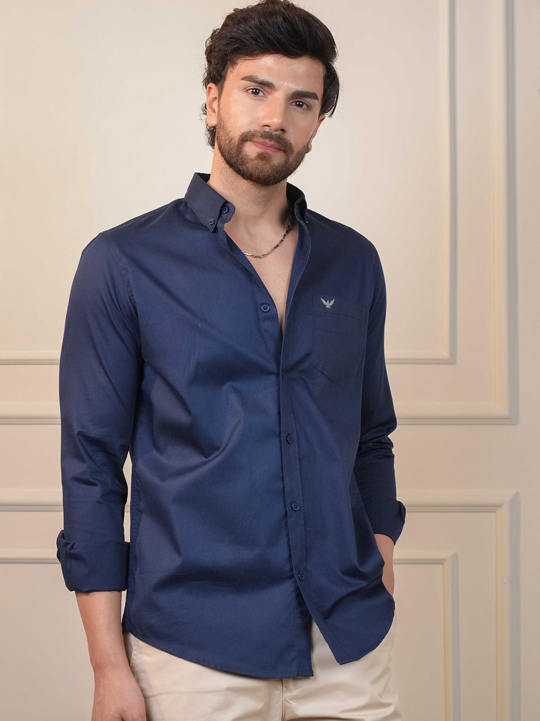 Navy Solid Cotton Twill  Slim Fit Shirt