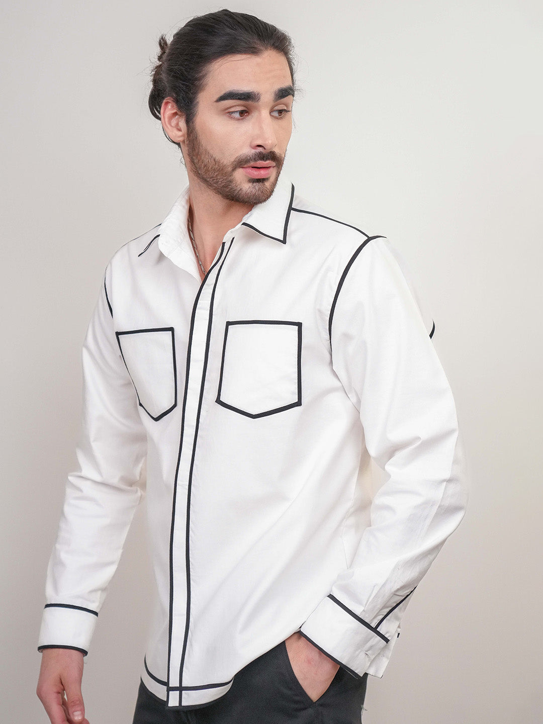White Colour blocked Heavy Cotton Twill Boxy Fit Shirt For Men