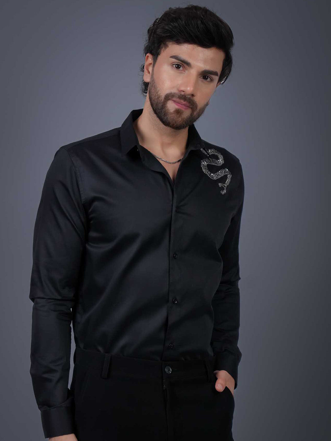 Black Sequin Cotton Satin Slim Fit Shirt