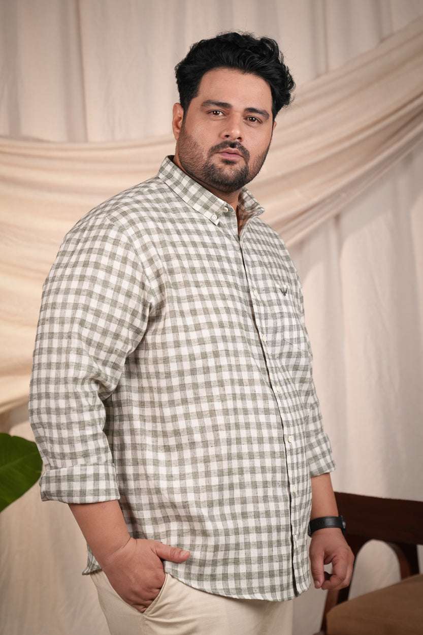Meadow Green Checks Pre-Washed Linen Cotton Regular Fit Plus Size Shirt