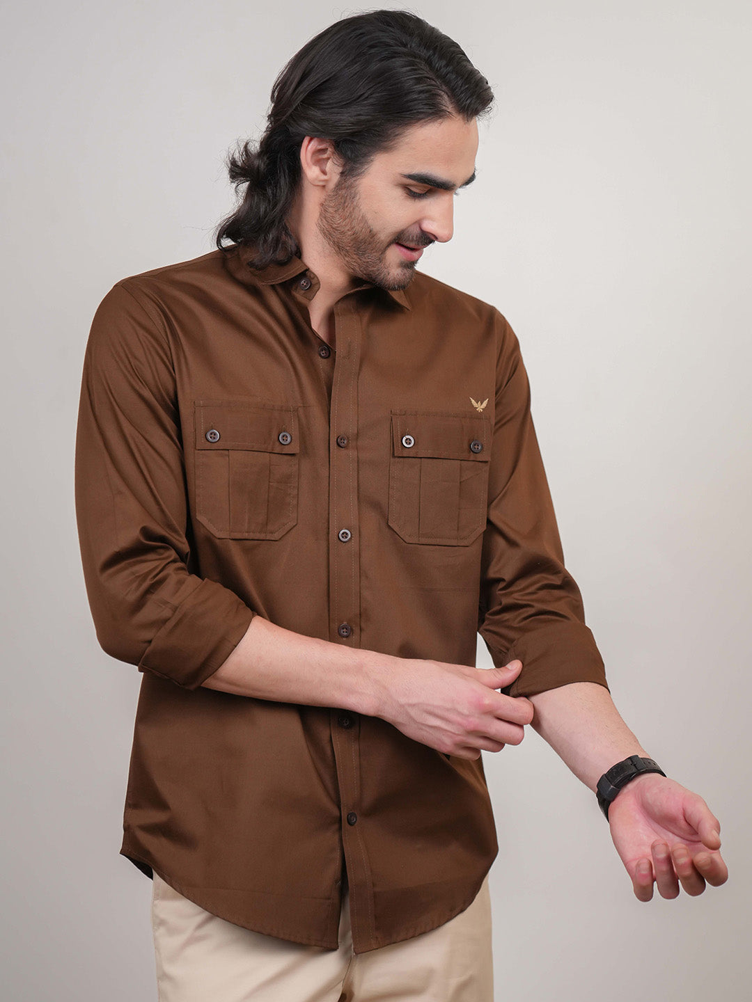 Brown Solid Cotton Twill Slim Fit Shirt