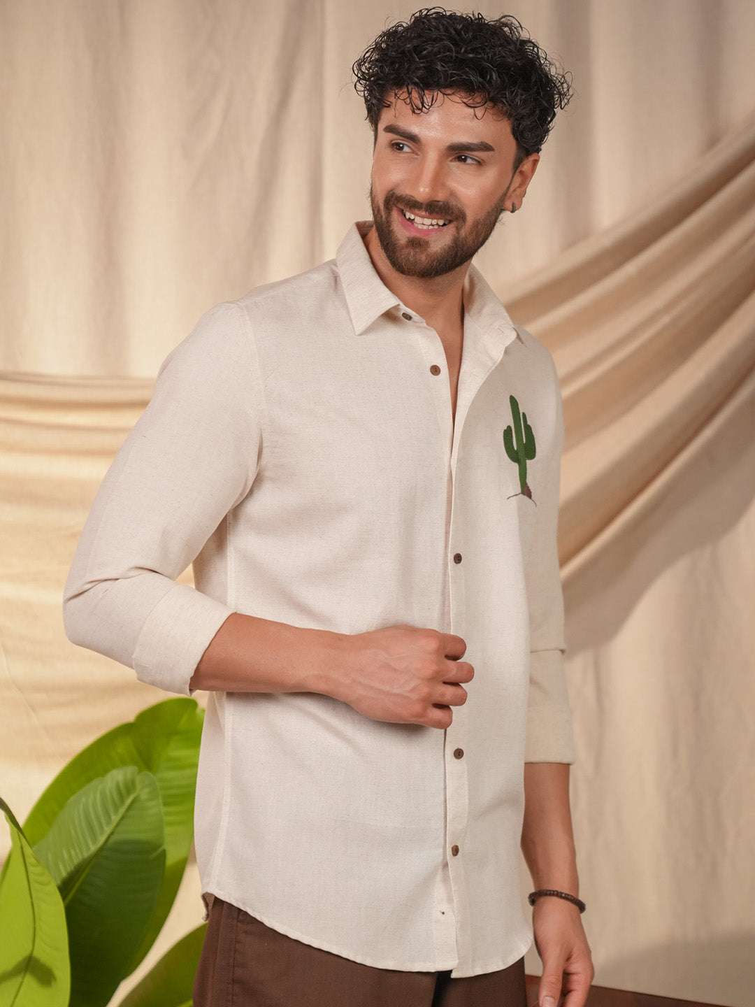 Beige Natural Grains Cactus Embroidery Linen Cotton Shirt