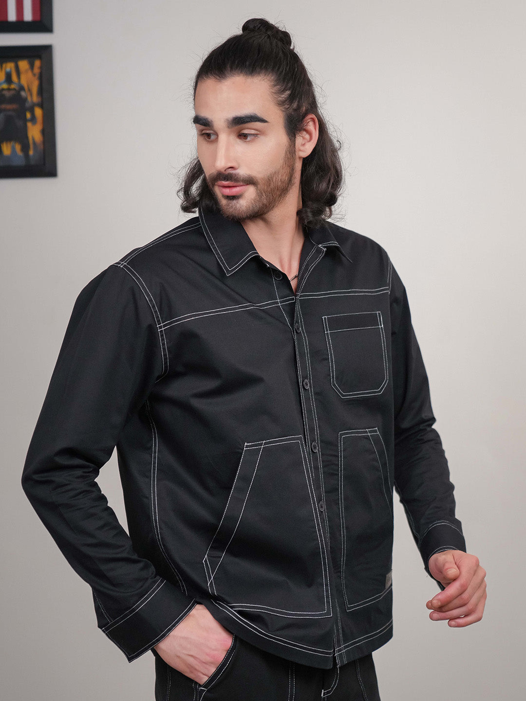 Black Solid Heavy Cotton Twill Boxy Fit Shirt For Men
