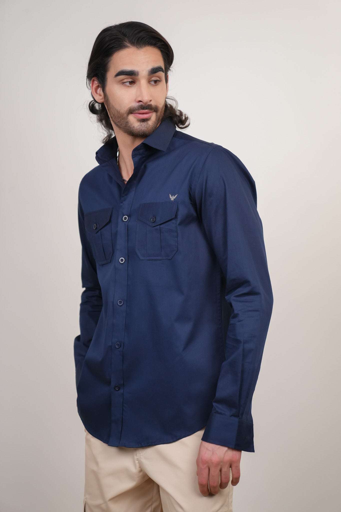 Navy Solid Cotton Twill Slim Fit Shirt