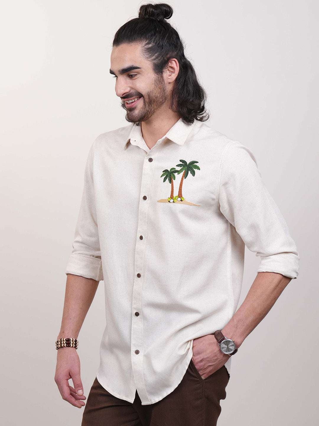 Beige Natural Grains Coconut Tree Embroidery Linen Cotton Shirt