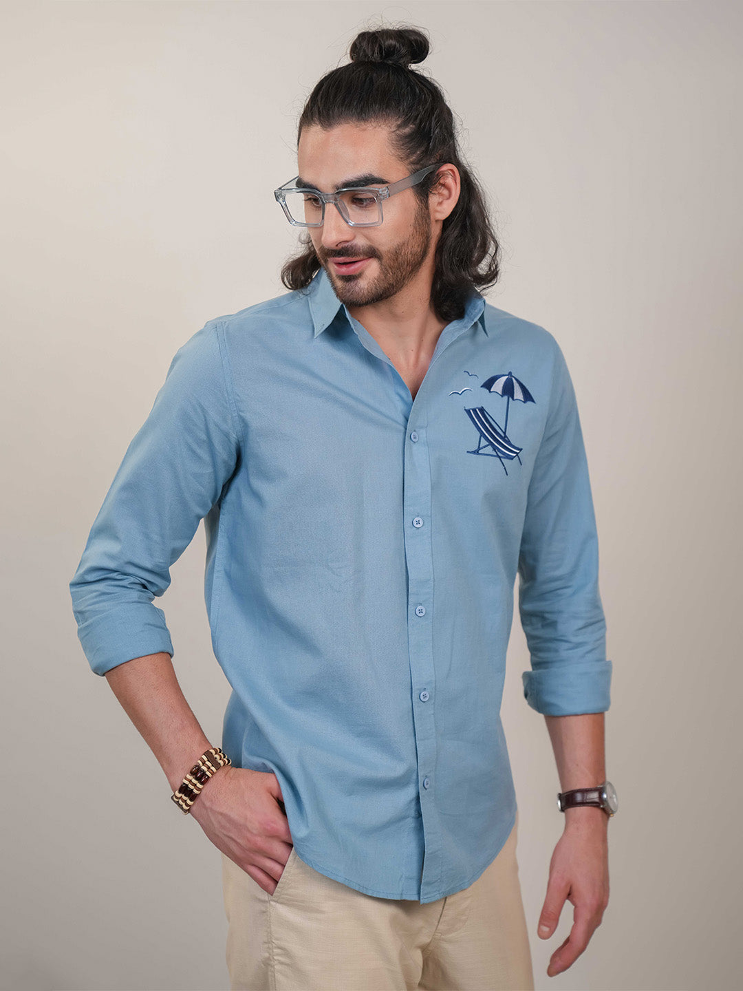 Aqua Blue Beach Chair Embroidery Linen Cotton Shirt