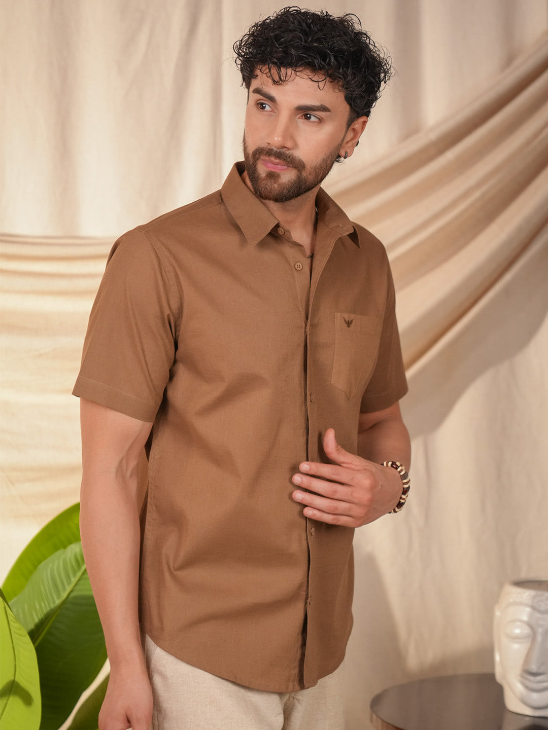 Brown Solid Pre-Washed Linen Cotton Slim Fit Shirt