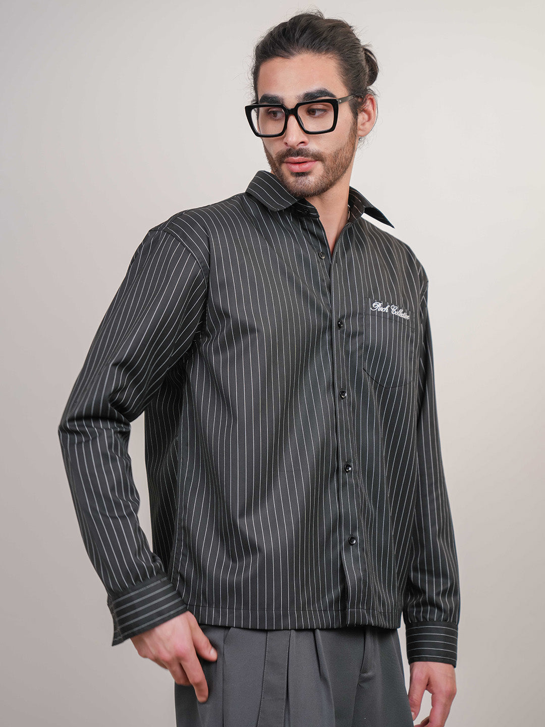Black Striped Cotton Boxy Fit Shirt