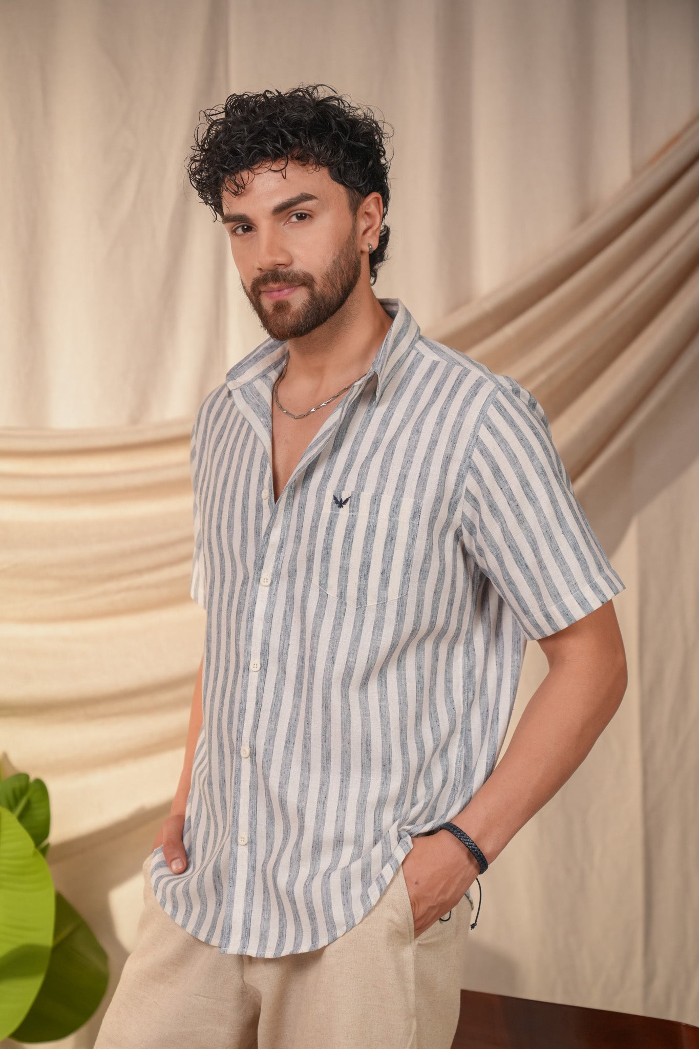 Ocean Blue Striped Pre-Washed Linen Cotton Slim Fit Shirt