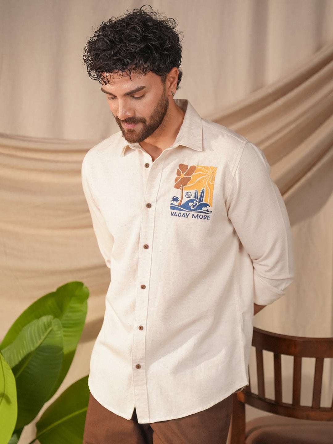 Beige Natural Grains Vacation Mode Embroidery Linen Cotton Shirt