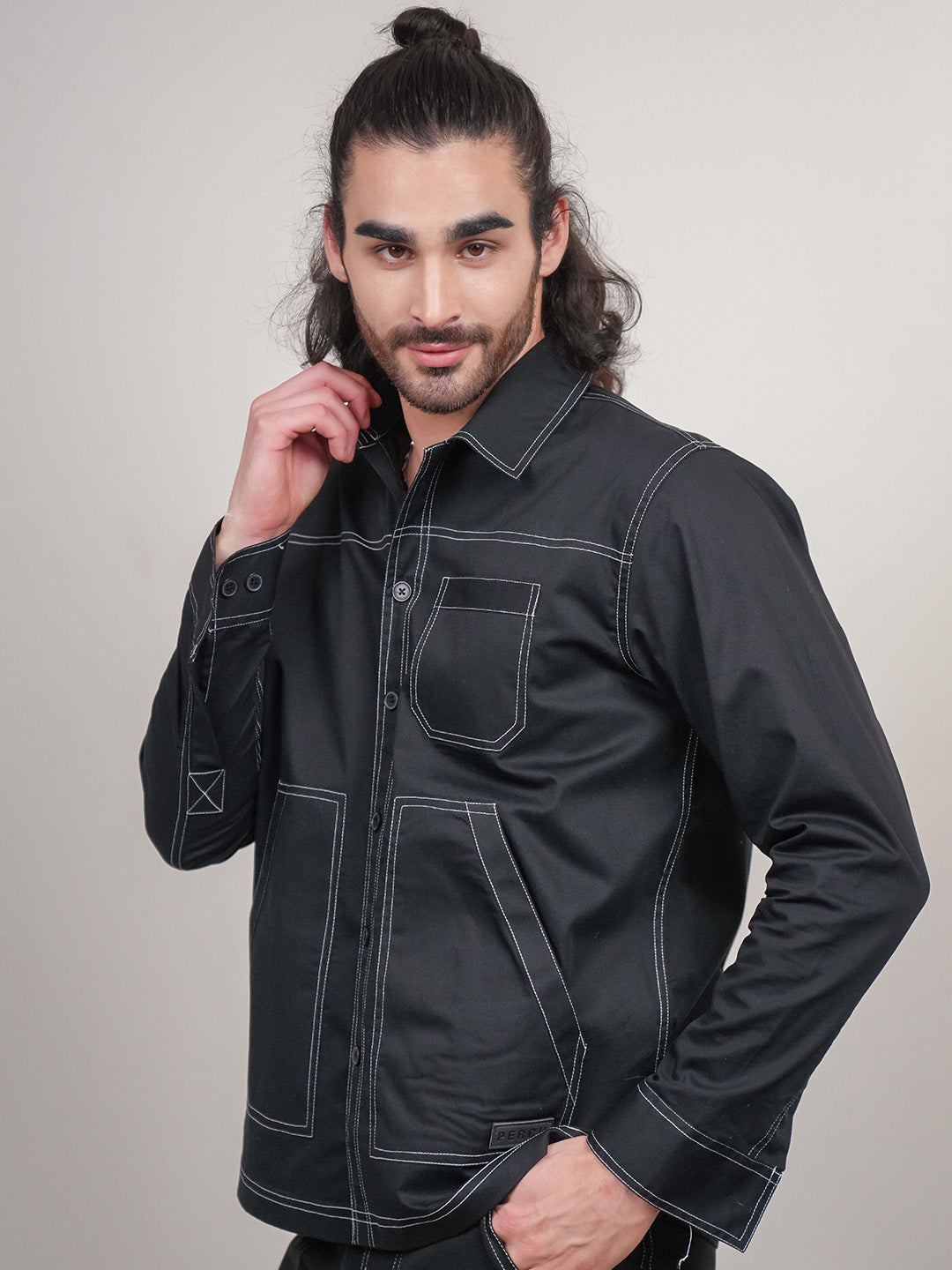 Black Solid Heavy Cotton Twill Boxy Fit Shirt For Men