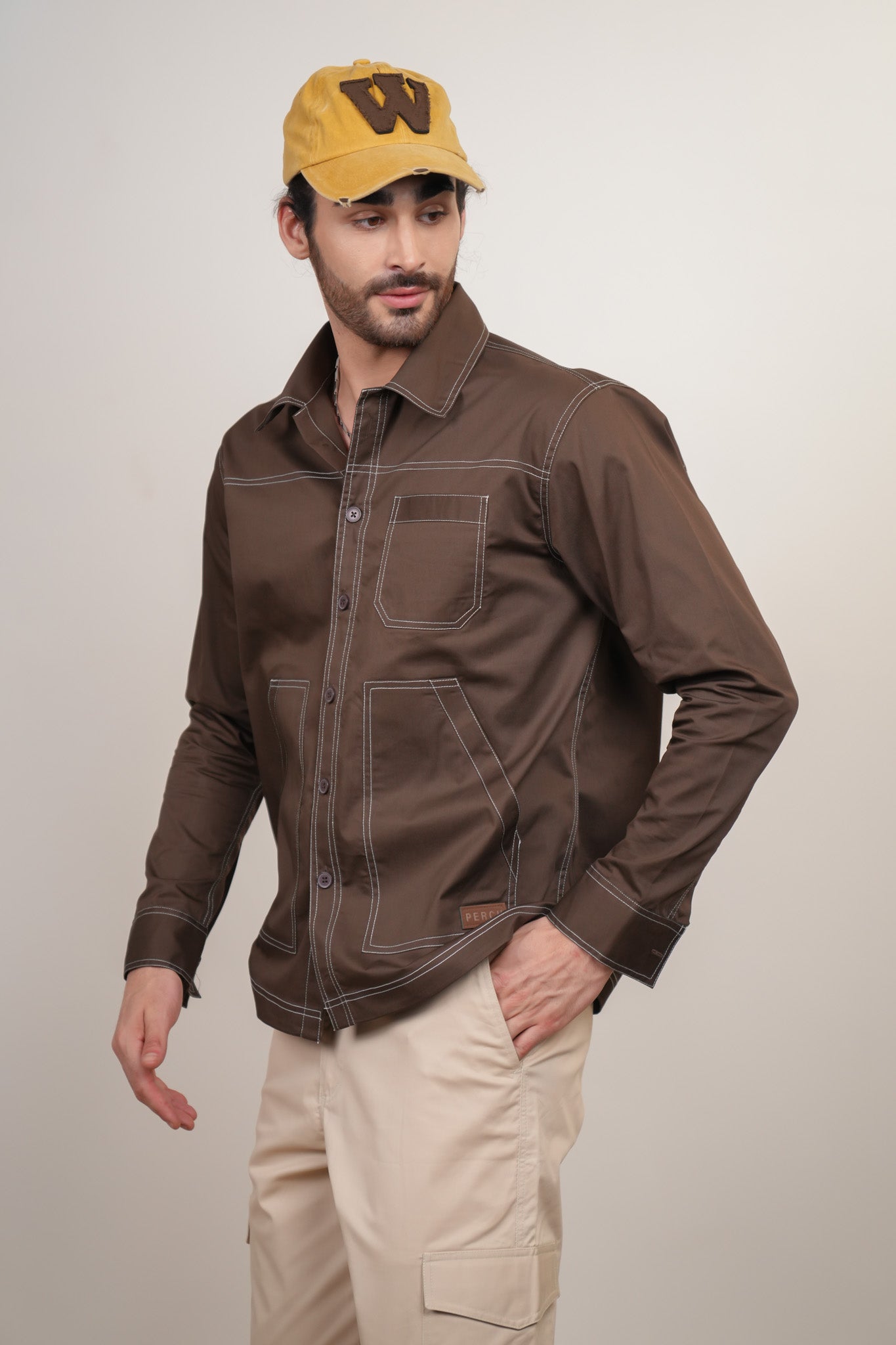 Brown Solid Heavy Cotton Twill Boxy Fit Shirt For Men