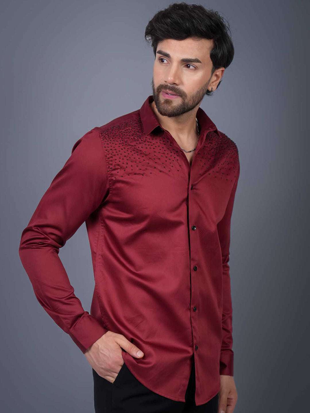 Intense Red Sequin Cotton Satin Slim Fit Shirt