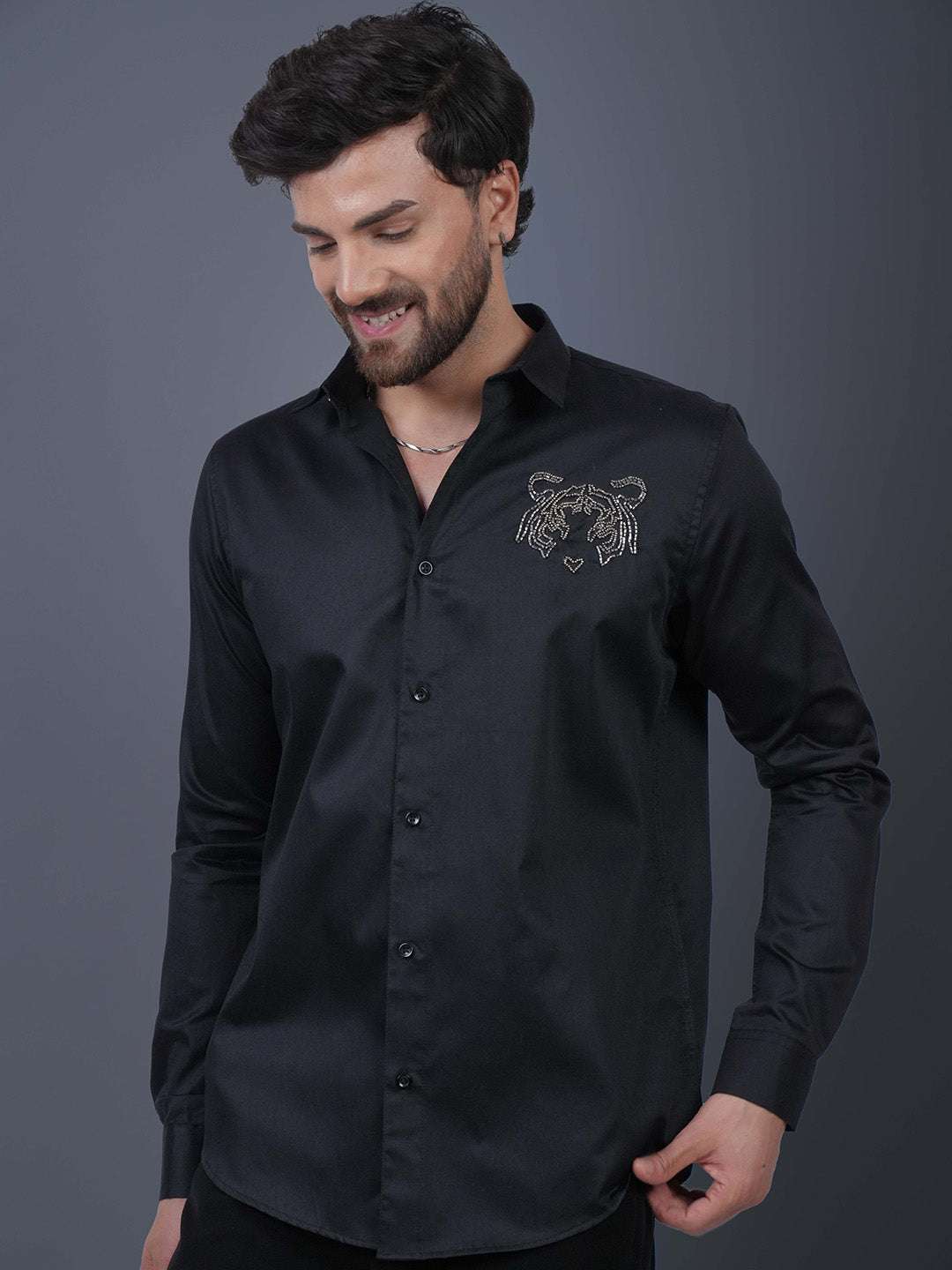 Black Sequin Cotton Satin Slim Fit Shirt