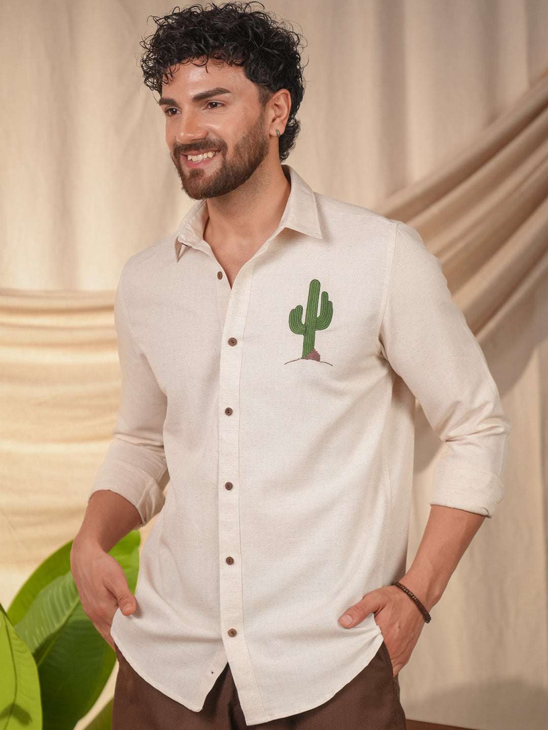 Beige Natural Grains Cactus Embroidery Linen Cotton Shirt