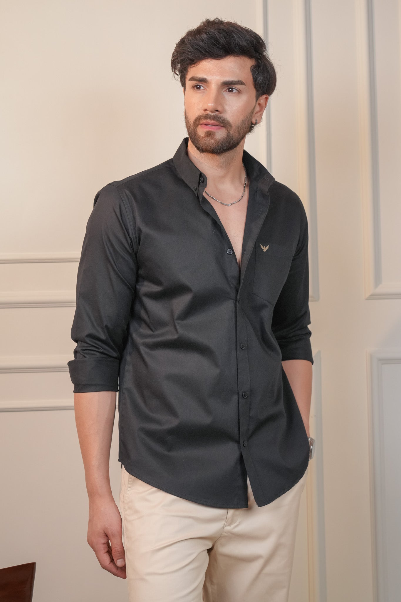 Black Solid Cotton Twill Slim Fit Shirt