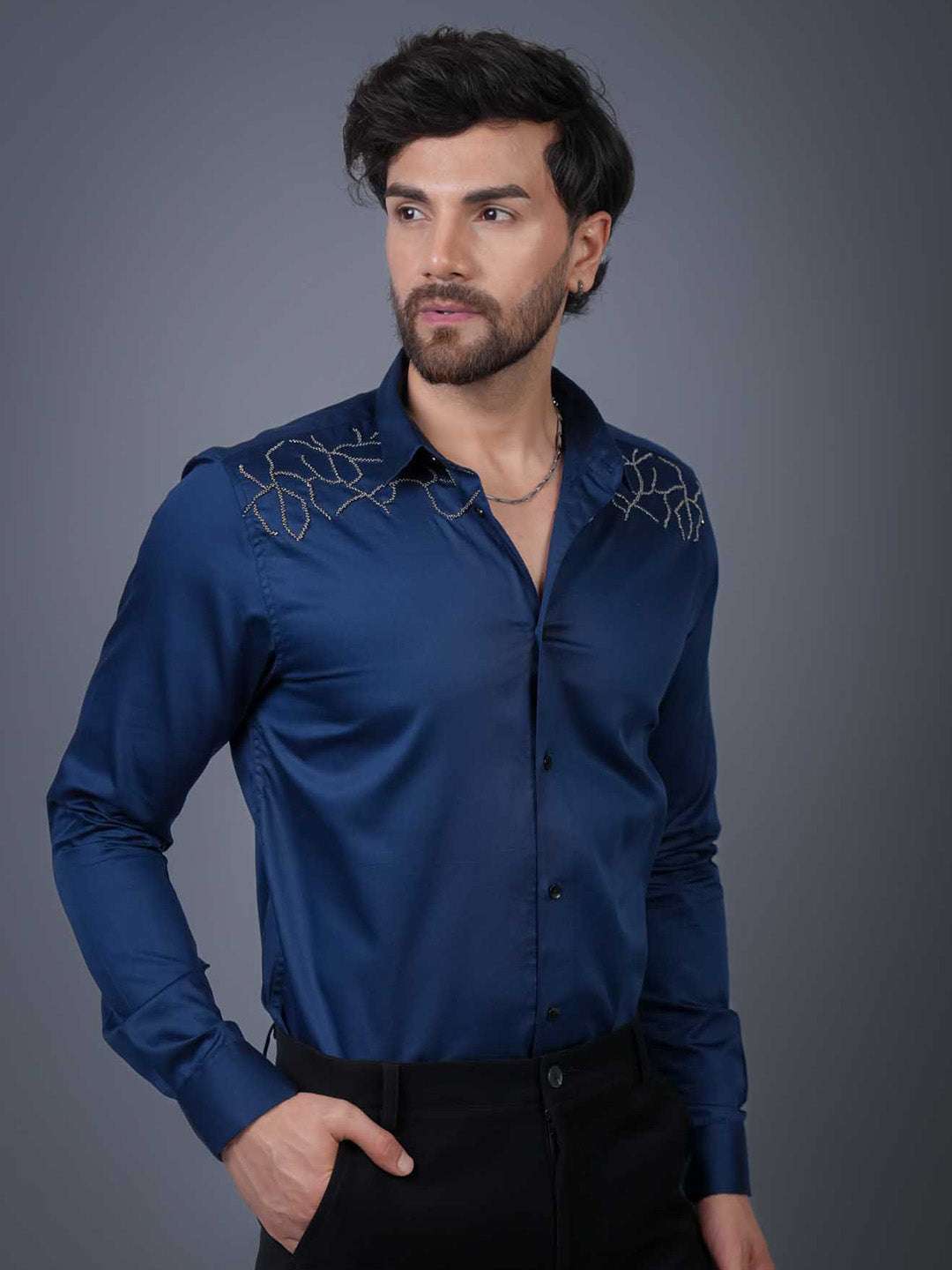 Navy Sequin Cotton Satin Slim Fit Shirt