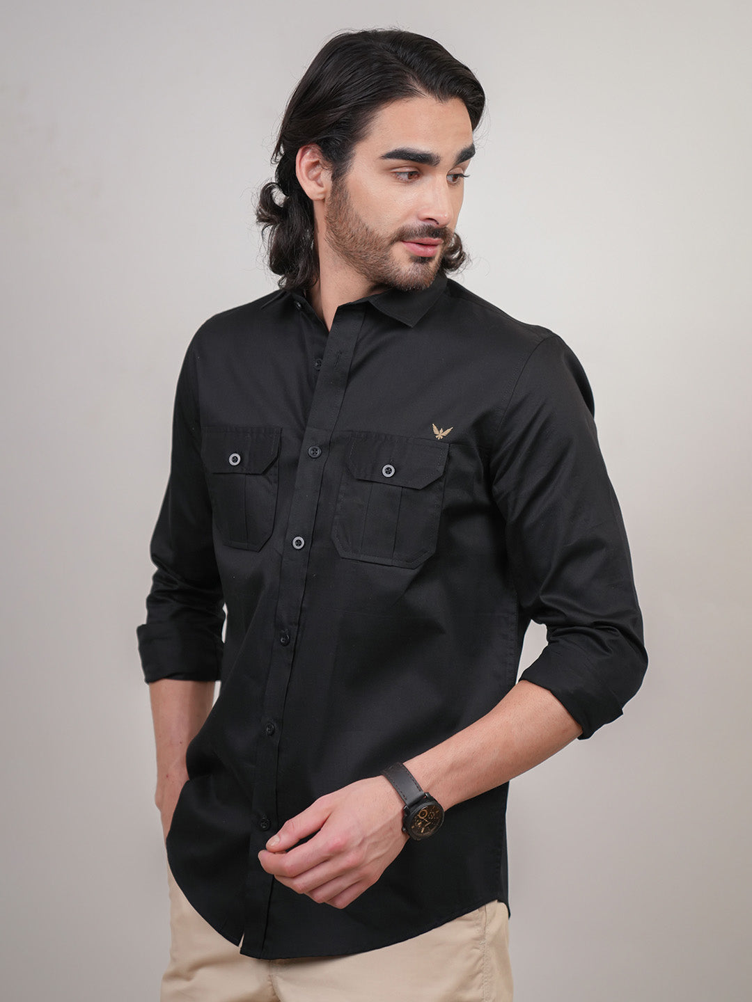 Black Solid Cotton Twill Slim Fit Shirt