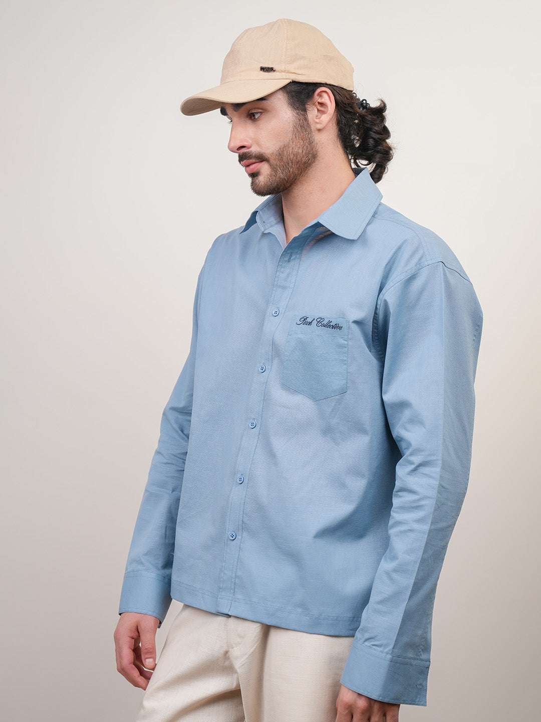 Aqua Blue Solid Linen Cotton Boxy Fit Shirt