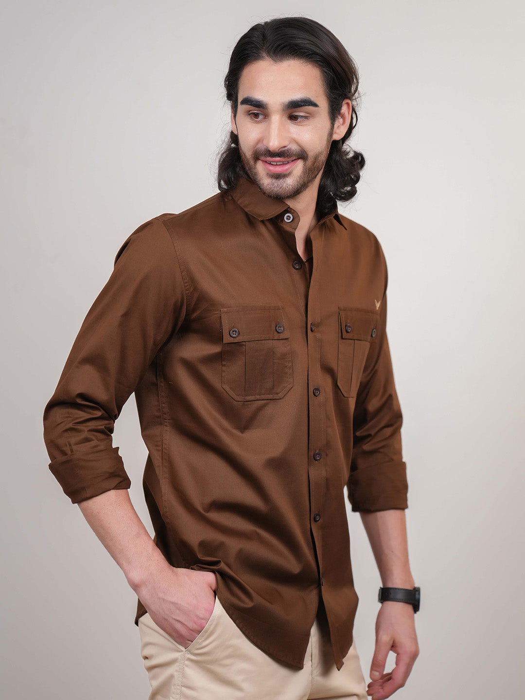 Brown Solid Cotton Twill Slim Fit Shirt