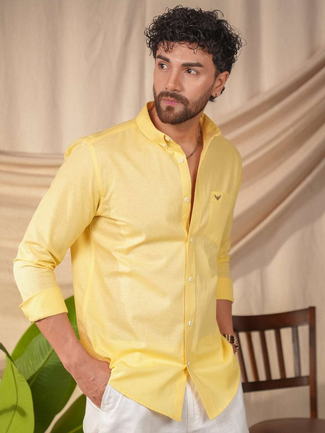 Lime Yellow Solid Pre-Washed Linen Cotton Slim Fit Shirt