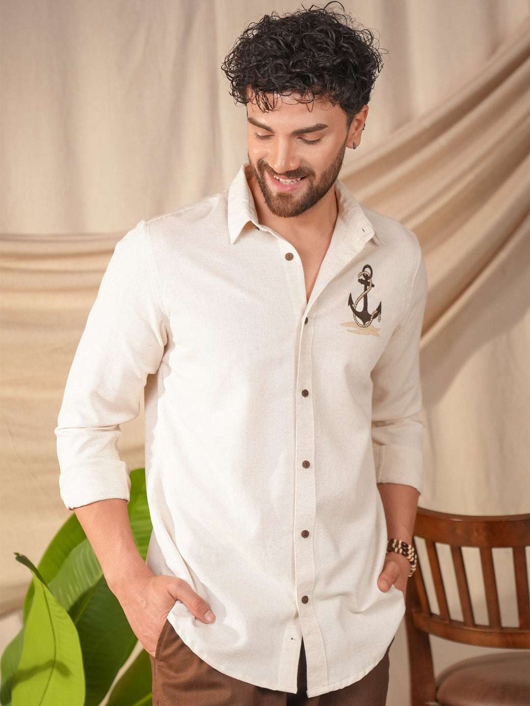 Beige Natural Grains Sparrow Embroidery Linen Cotton Shirt