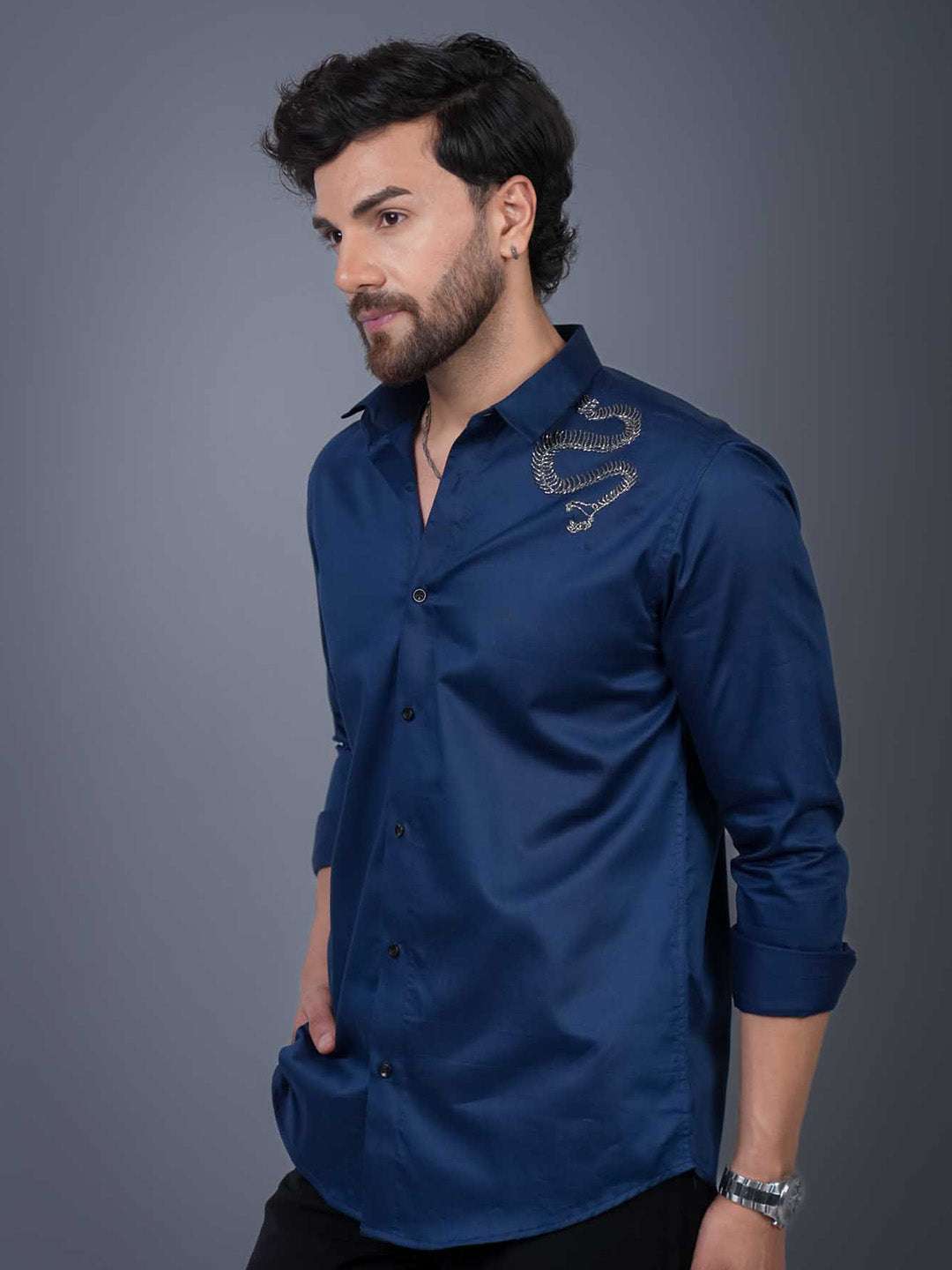 Navy Sequin Cotton Satin Slim Fit Shirt